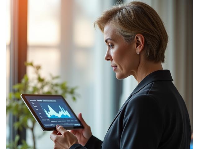 Dr. Evelyn Reed, founder of Coral Compass, thoughtfully looking at a digital tablet showing wellness data graphs.