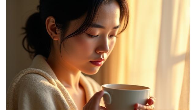 Chloe, a member, holding a cup of tea contentedly