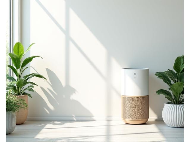 Clean, minimalist living space with air purifier and plants