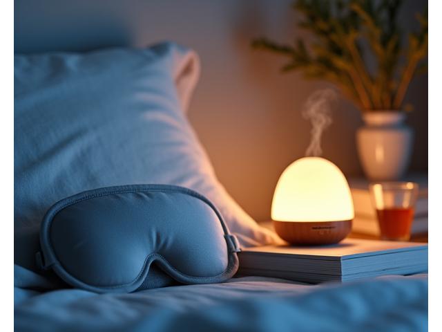Relaxing bedroom scene with an eye mask and essential oil diffuser