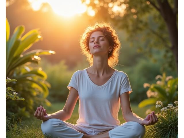 Person meditating in a calm, natural setting
