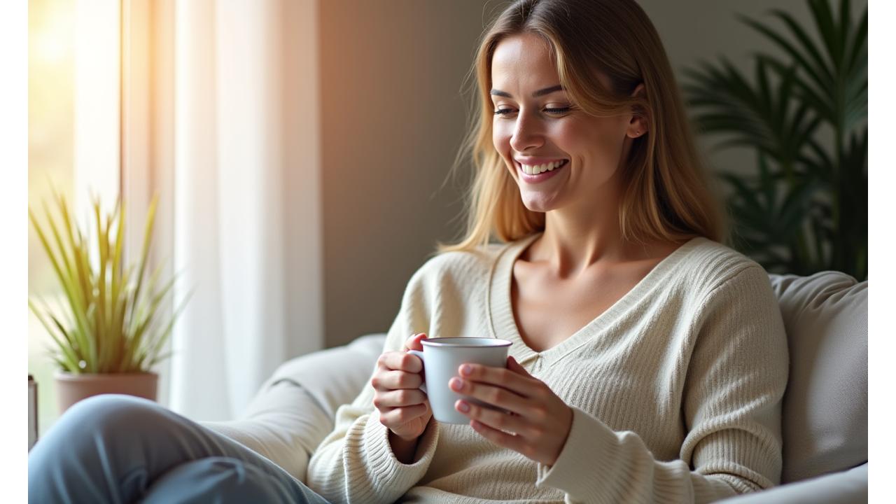 Woman enjoying a mindful morning routine, sipping tea by a window, representing balanced health.
