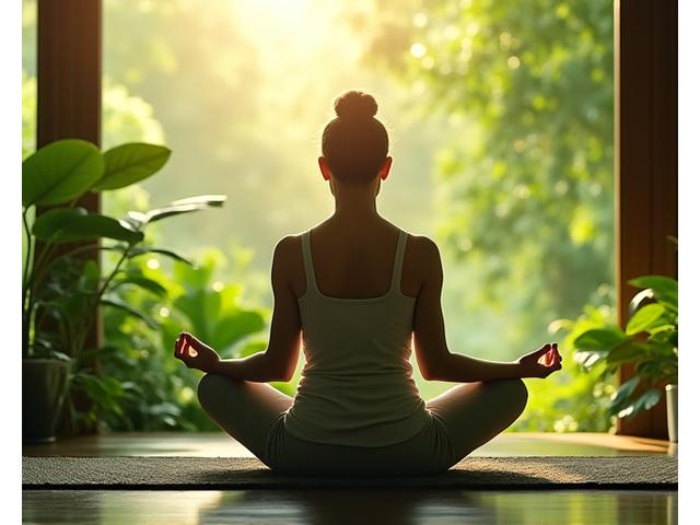 Person meditating in a calm, green environment