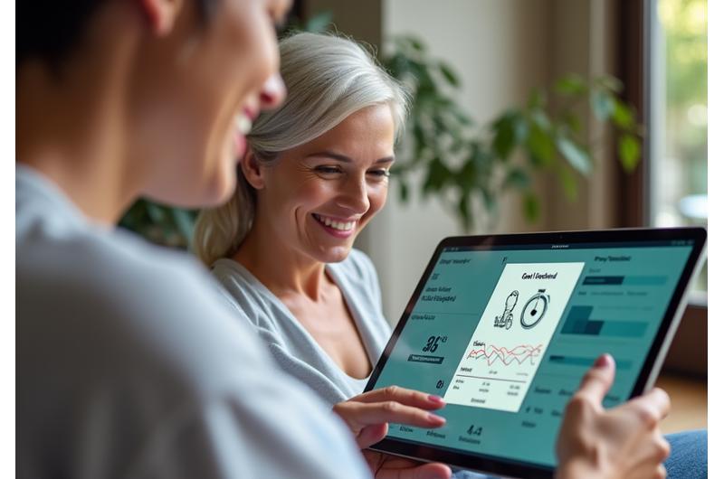 Person looking at a tablet showing progress charts towards wellness goals