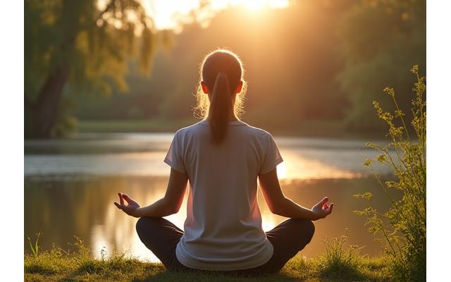 A serene person meditating outdoors with a faint digital overlay symbolizing disconnection, depicting a 7-day digital reset wellness program.