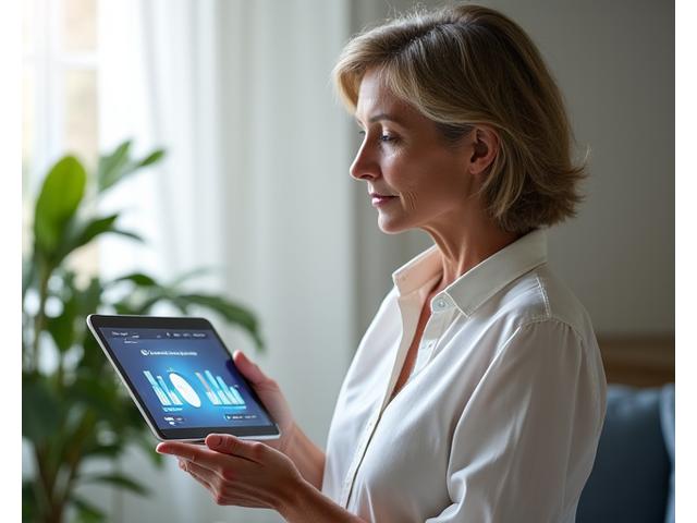 An adult woman thoughtfully looking at a digital wellness scorecard on a tablet, surrounded by calm, natural elements, illustrating personal assessment and reflection.