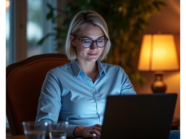 A person wearing blue light blocking glasses, consciously setting boundaries with their laptop and phone, embodying healthy screen habits and digital wellness.