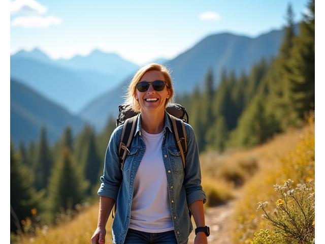 An adult enjoying a serene outdoor hike, completely engaged with nature and no visible devices, symbolizing digital recharge through offline activities.