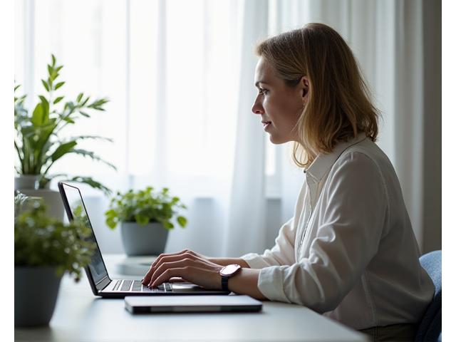 A professional adult thoughtfully managing work tasks on a laptop amidst a calm office environment, with clear boundaries set for focus, illustrating professional digital wellness.