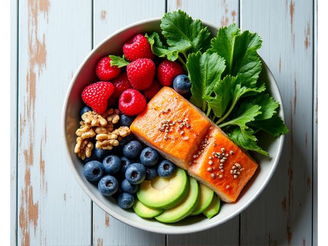 A balanced plate with vibrant, healthy foods like berries, nuts, and leafy greens
