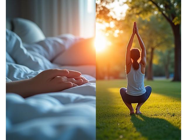 A person sleeping peacefully, and another exercising outdoors near a lake