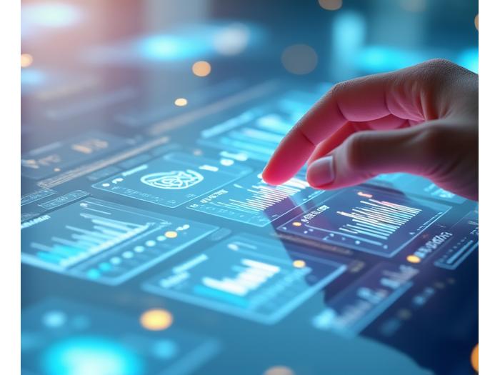 A dashboard displaying complex health metrics, graphs, and biomarkers with a hand interacting with a tablet