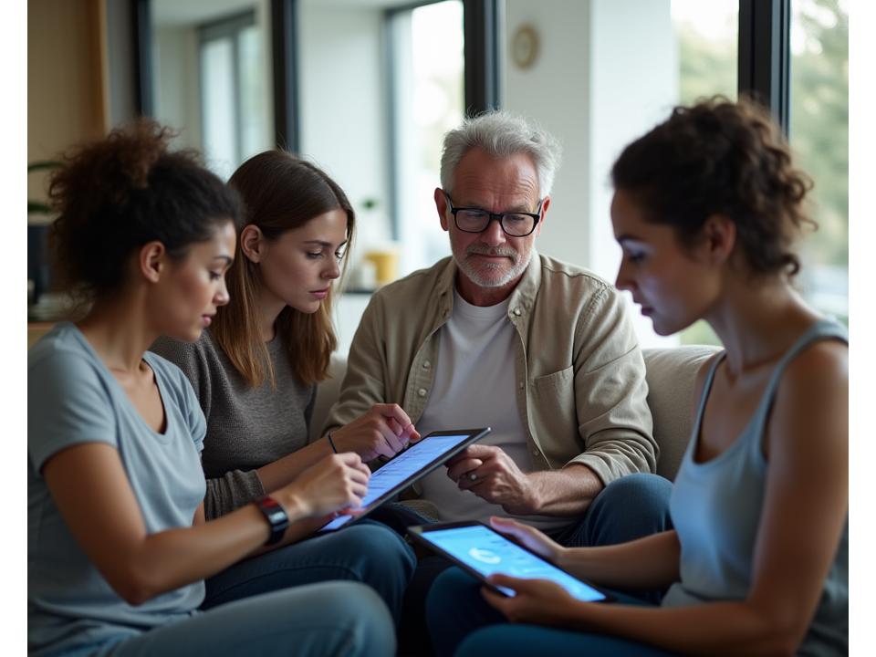 Diverse group of adults 35+ interacting with wellness technology, showing calm and engagement