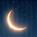 Icon representing a peaceful night's sleep, a crescent moon with stars.